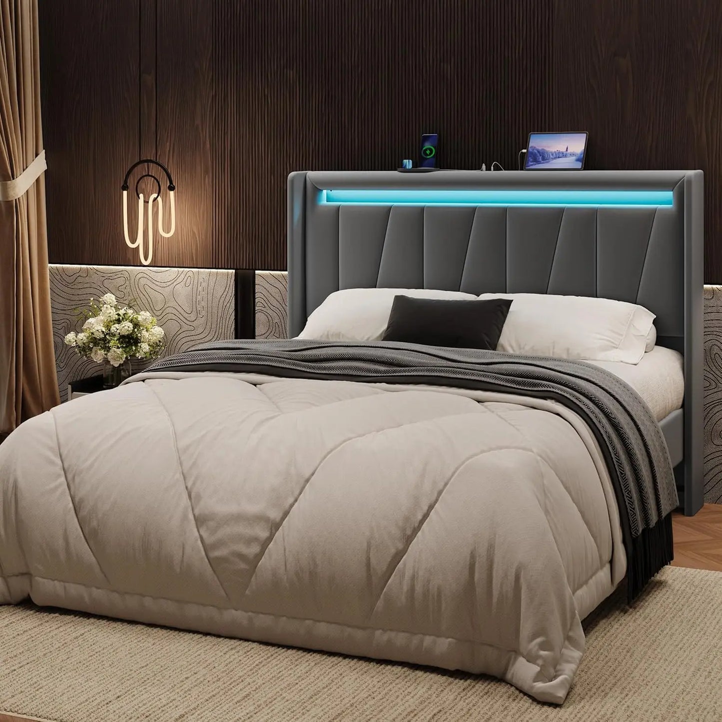 Velvet Bed Frame With Led Lighting And Charging Station