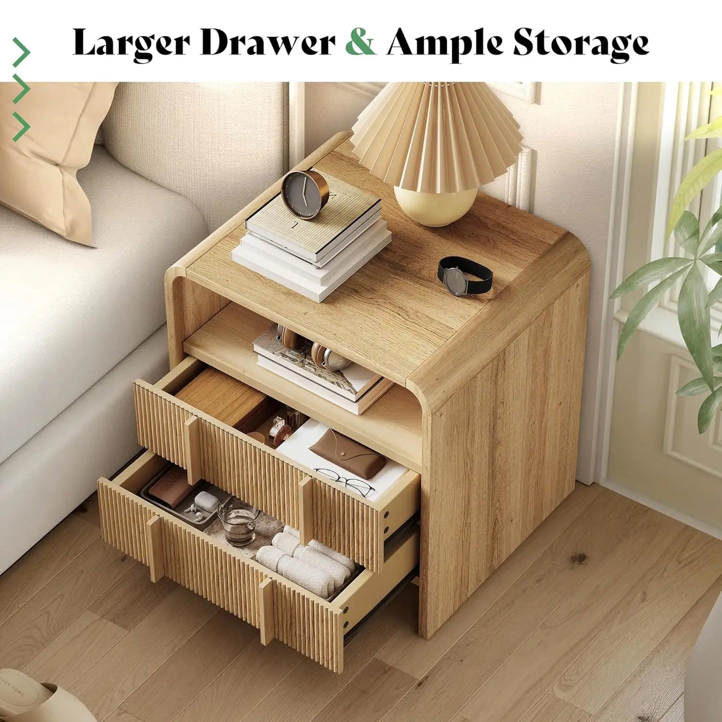 Fluted Front Nightstand With Storage Drawers And Open Shelf