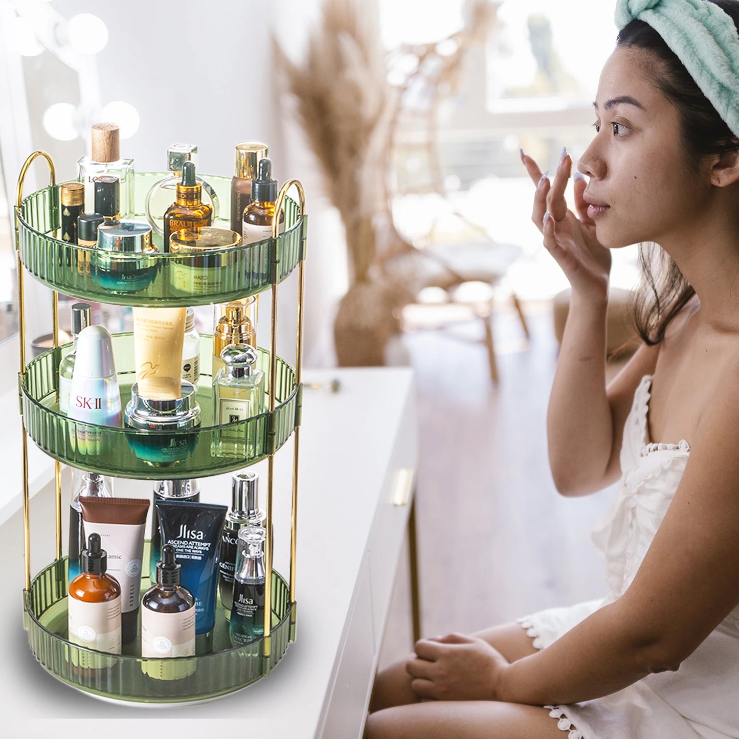 Rotating Makeup Organizer Three Tier Vanity Storage Clear Cosmetic Organizer