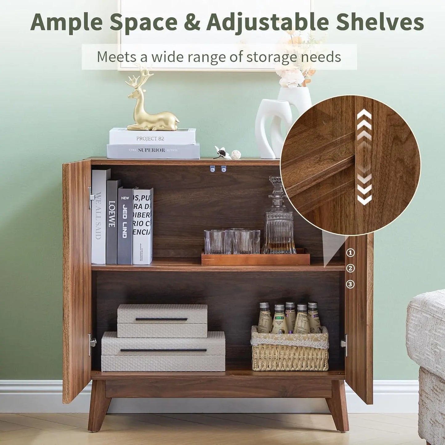 Fluted Mid Century Sideboard Buffet Cabinet With Adjustable Shelves