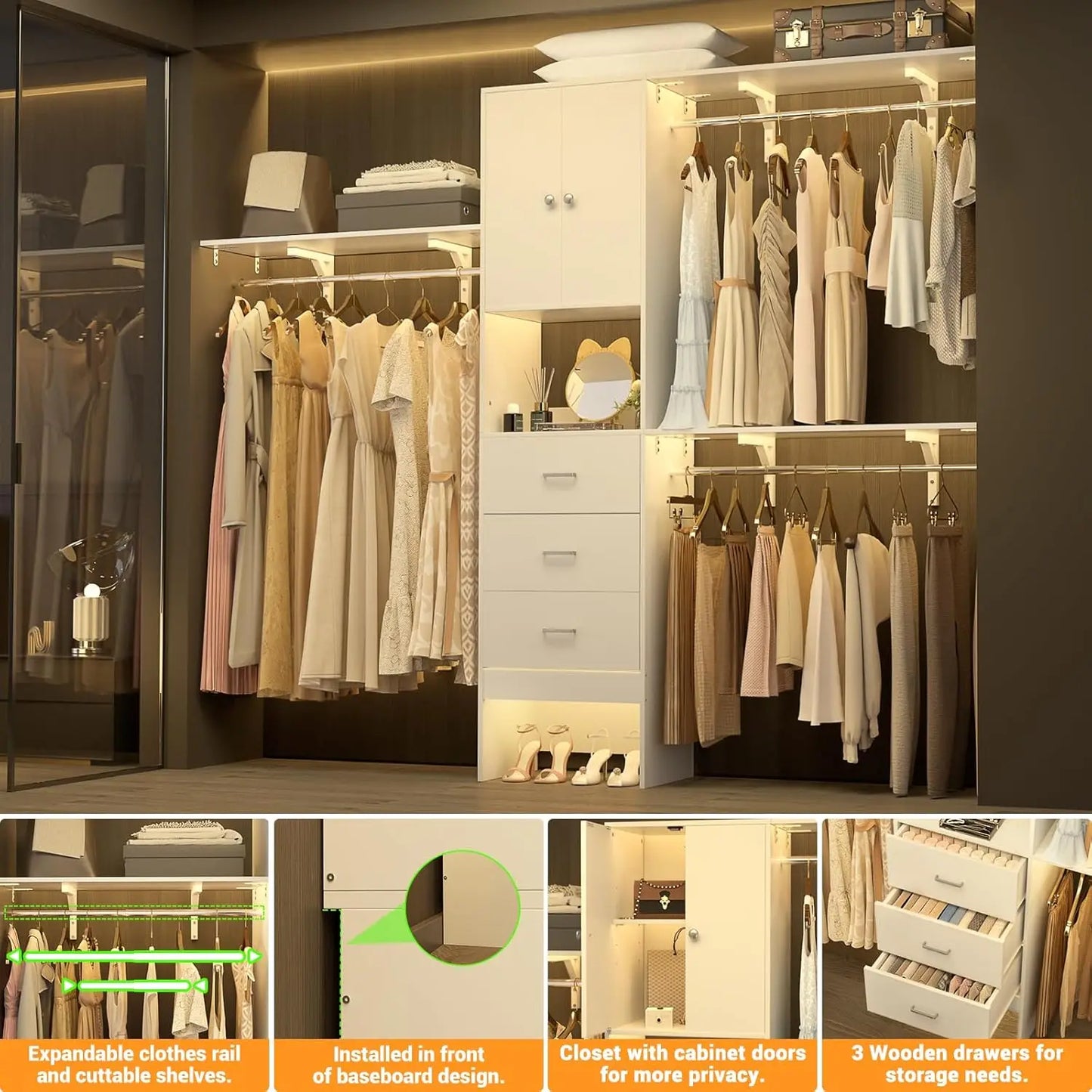 Aheaplus Walk In Closet System With Doors And Shelving Towers 3 Wood Drawers