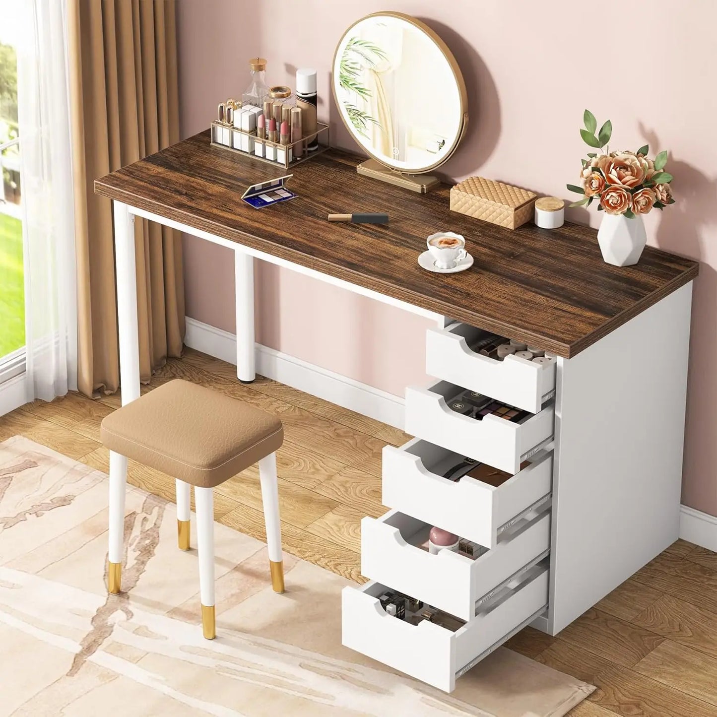Vanity Desk With 3 Drawers Dressing Table For Bedroom Wood