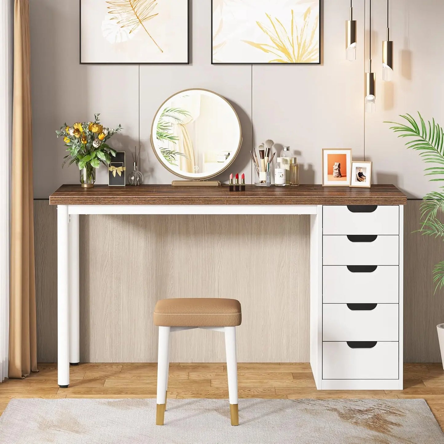 Vanity Desk With 3 Drawers Dressing Table For Bedroom Wood