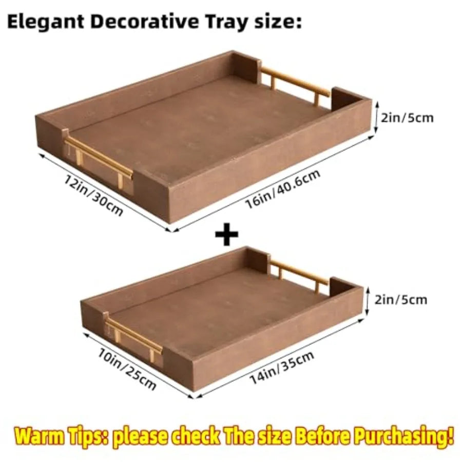 Decorative Leather Tray Set With Gold Handle For Ottoman Table