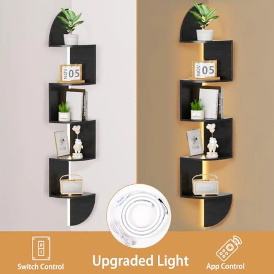 Corner Wall Shelf With LED Light 5 Tier Floating Shelves