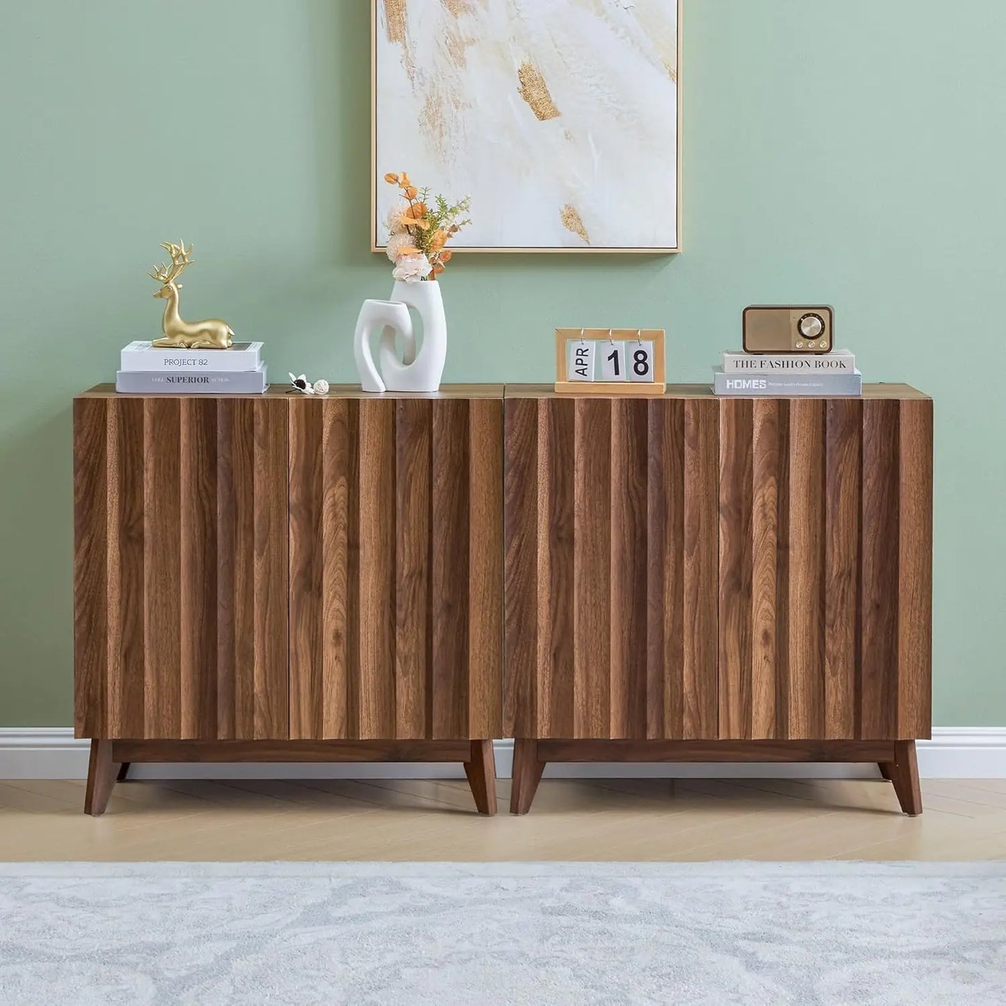 Fluted Mid Century Sideboard Buffet Cabinet With Adjustable Shelves