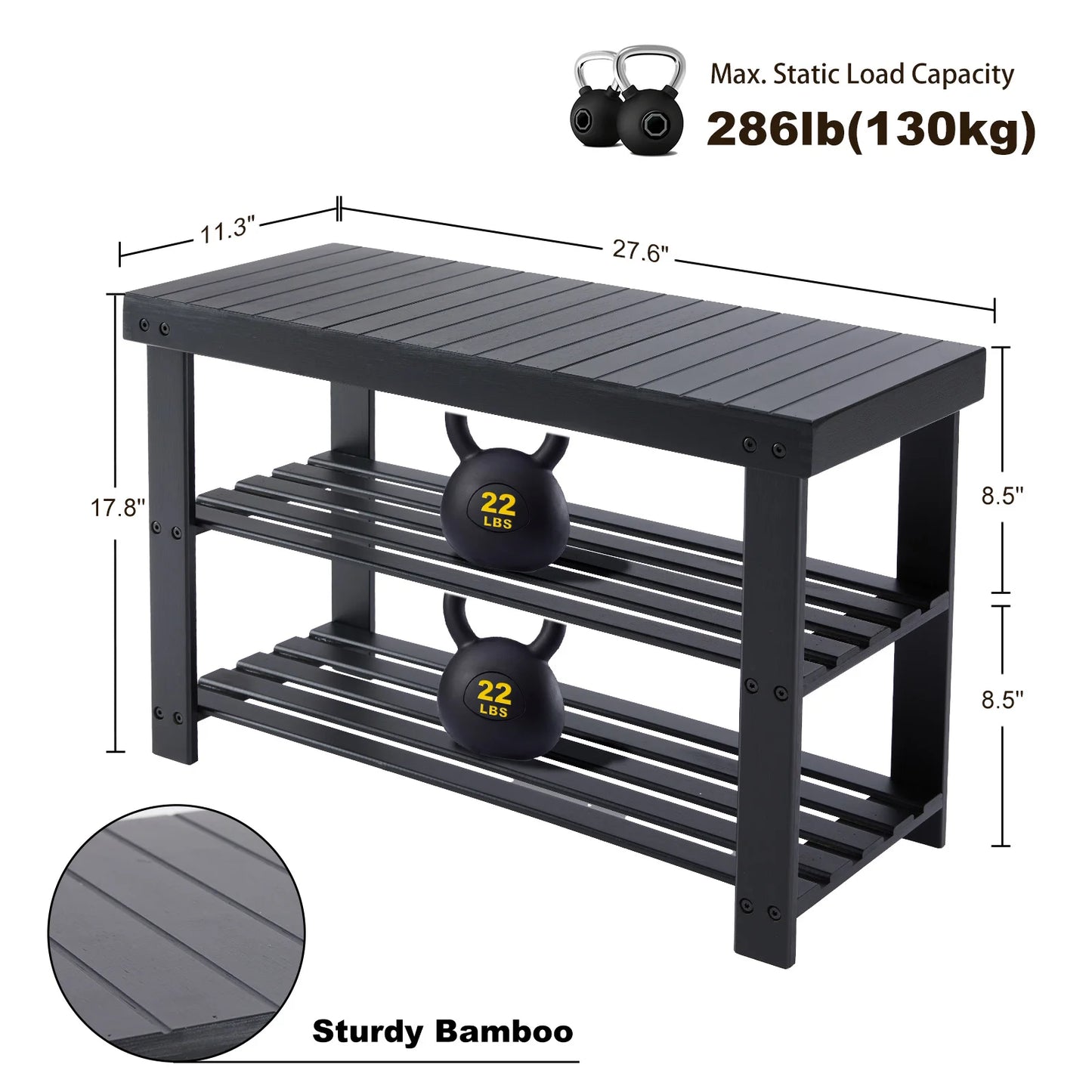 JHK 3 Tier Bamboo Entryway Bench Shoe Organizer Storage