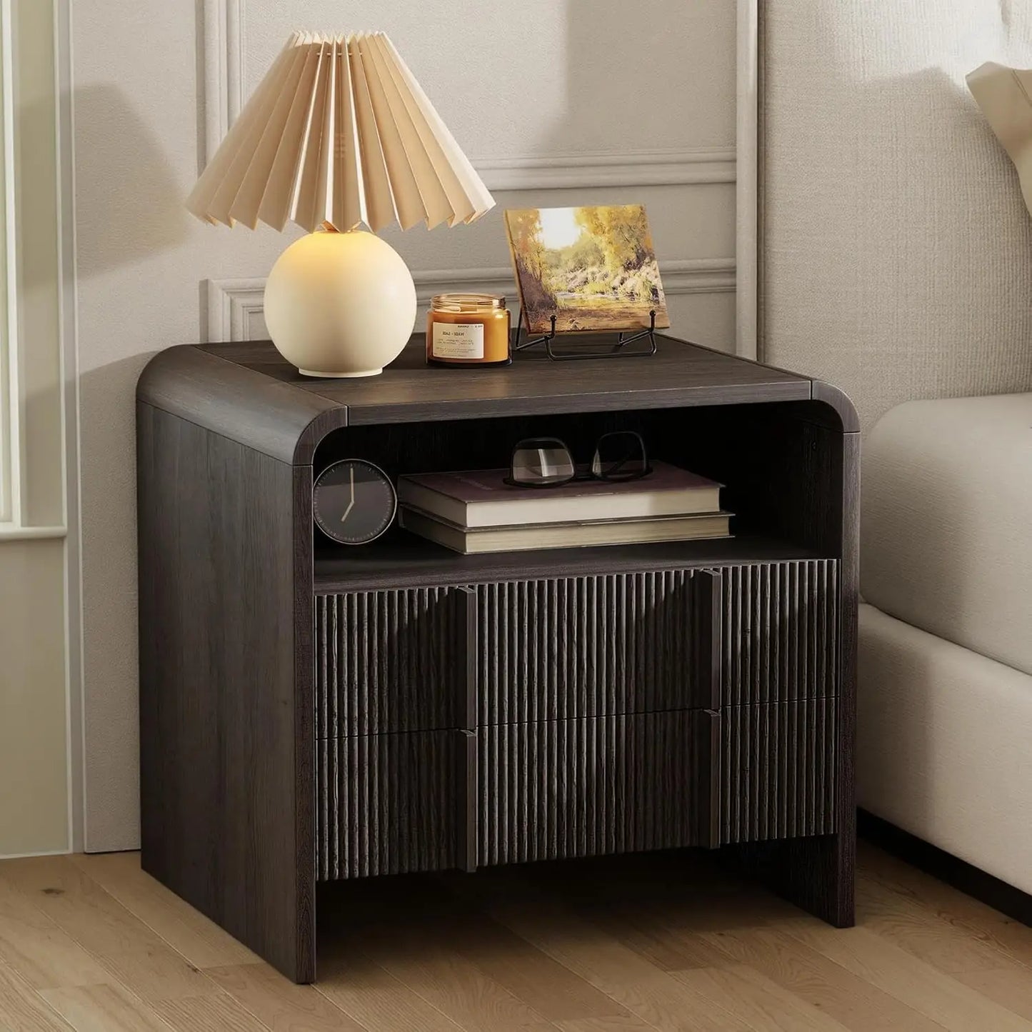 Fluted Front Nightstand With Storage Drawers And Open Shelf