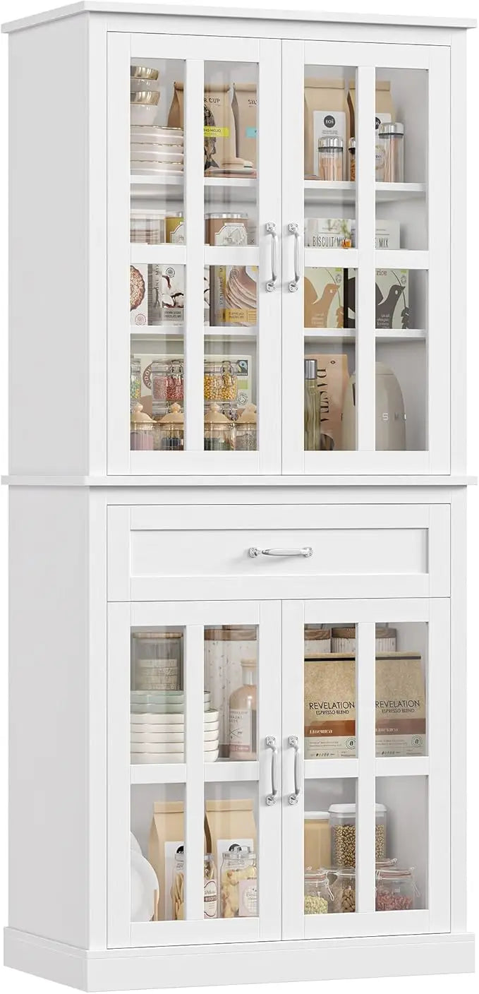 Tall Kitchen Cabinet With Glass Doors And Drawer Storage
