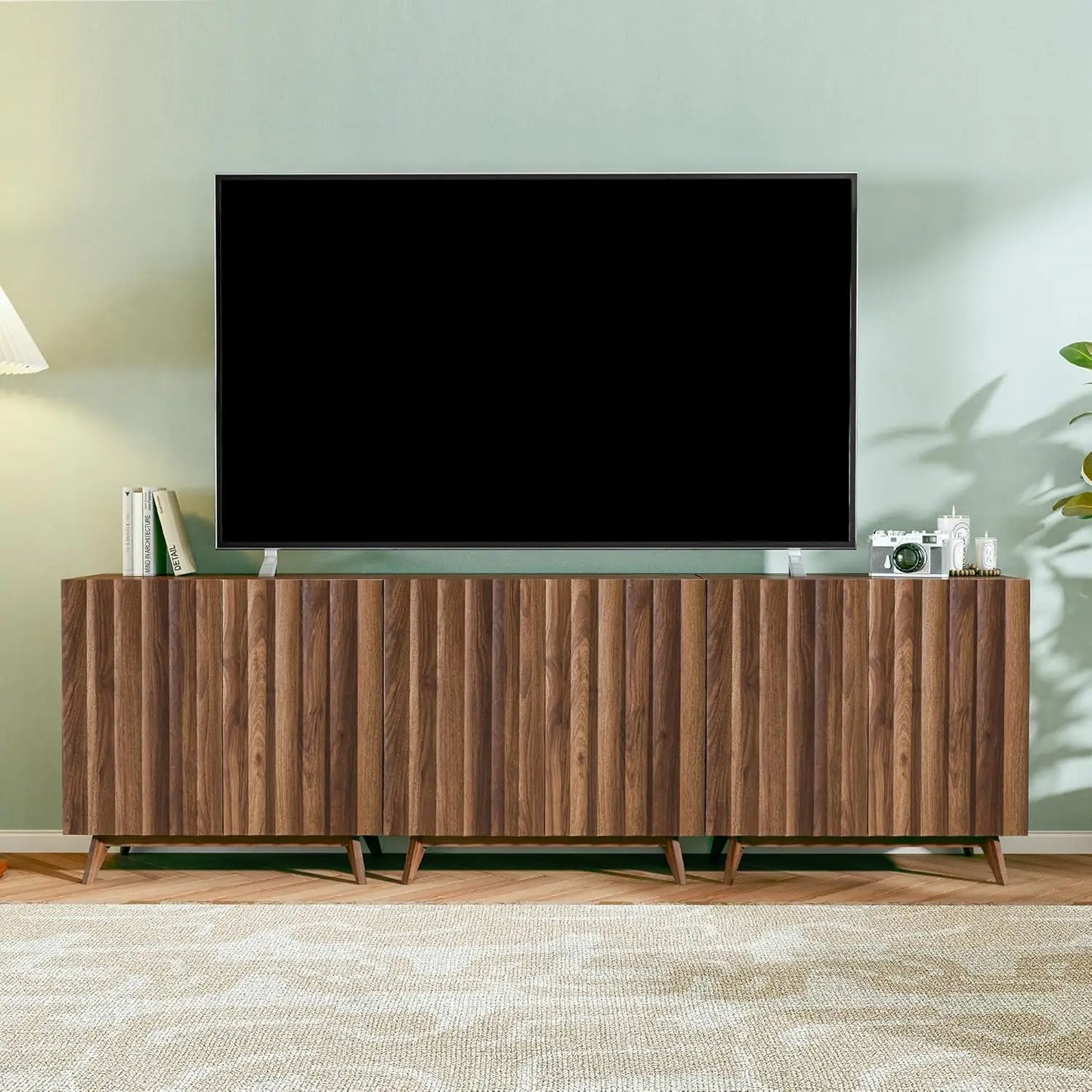 Fluted Mid Century Sideboard Buffet Cabinet With Adjustable Shelves