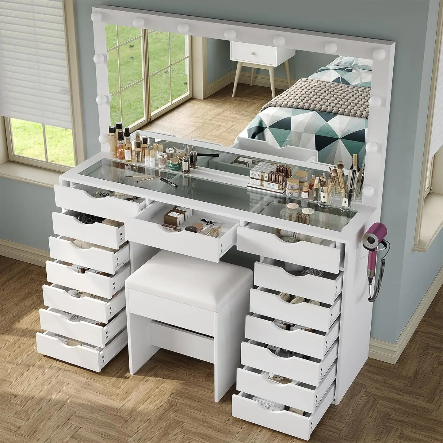 Vanity Desk With Mirror And Lights 15 Drawers Makeup Table
