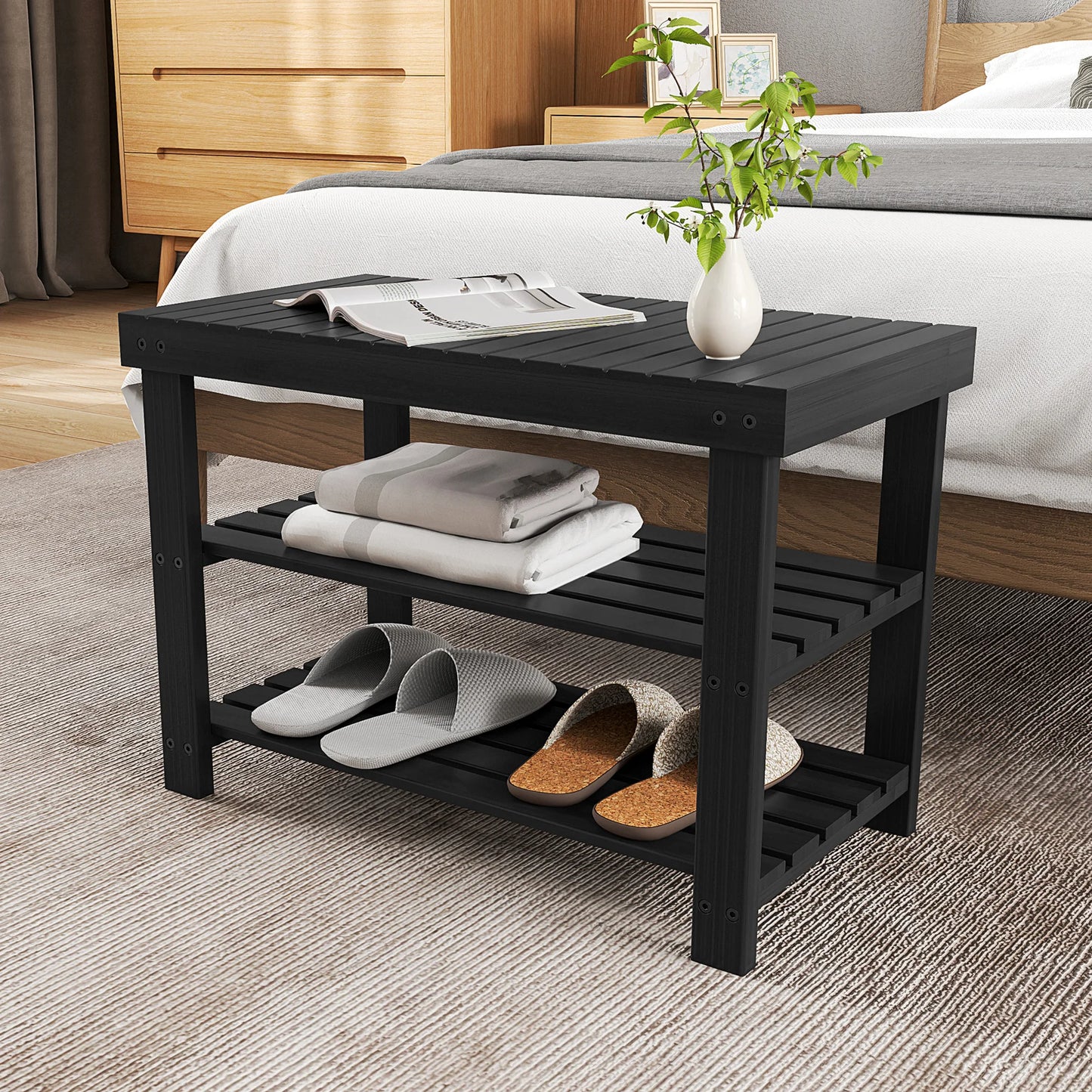 JHK 3 Tier Bamboo Entryway Bench Shoe Organizer Storage
