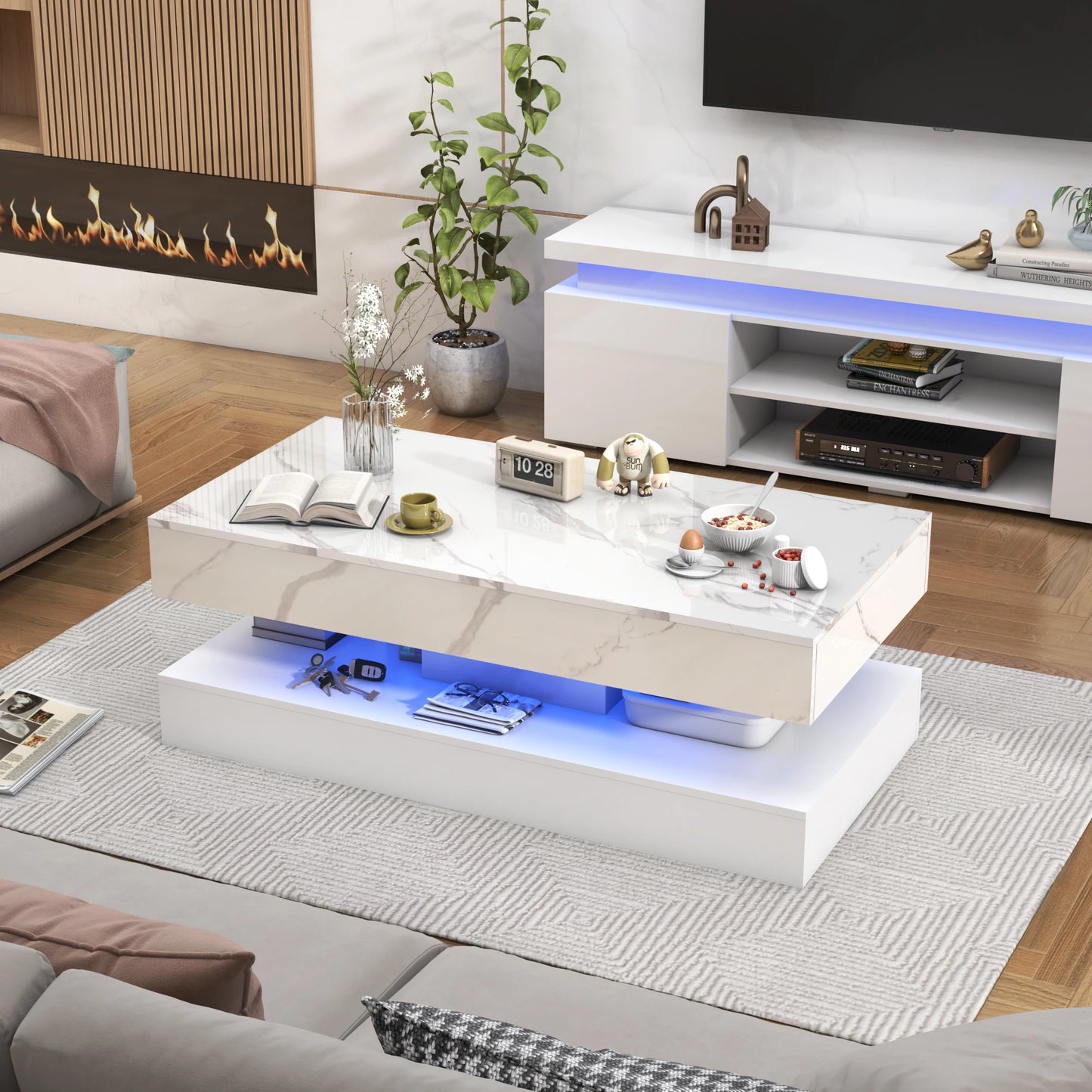 QiaoShiRen Modern LED Coffee Table With Two Storage Drawers
