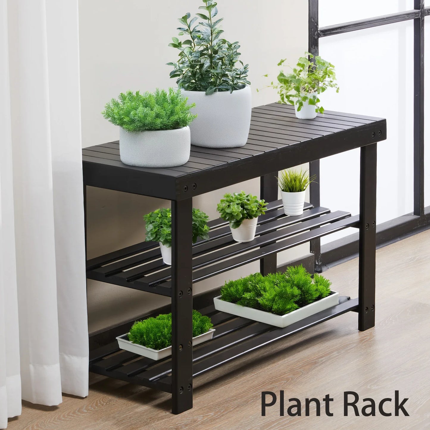 JHK 3 Tier Bamboo Entryway Bench Shoe Organizer Storage