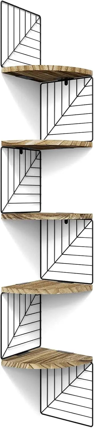 5-Tier Rustic Wood Corner Floating Shelves Wall Mount Storage