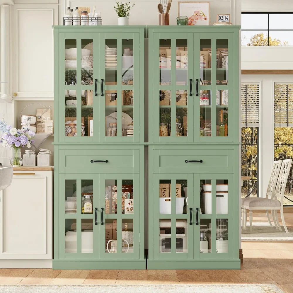 Tall Kitchen Cabinet With Glass Doors And Drawer Storage
