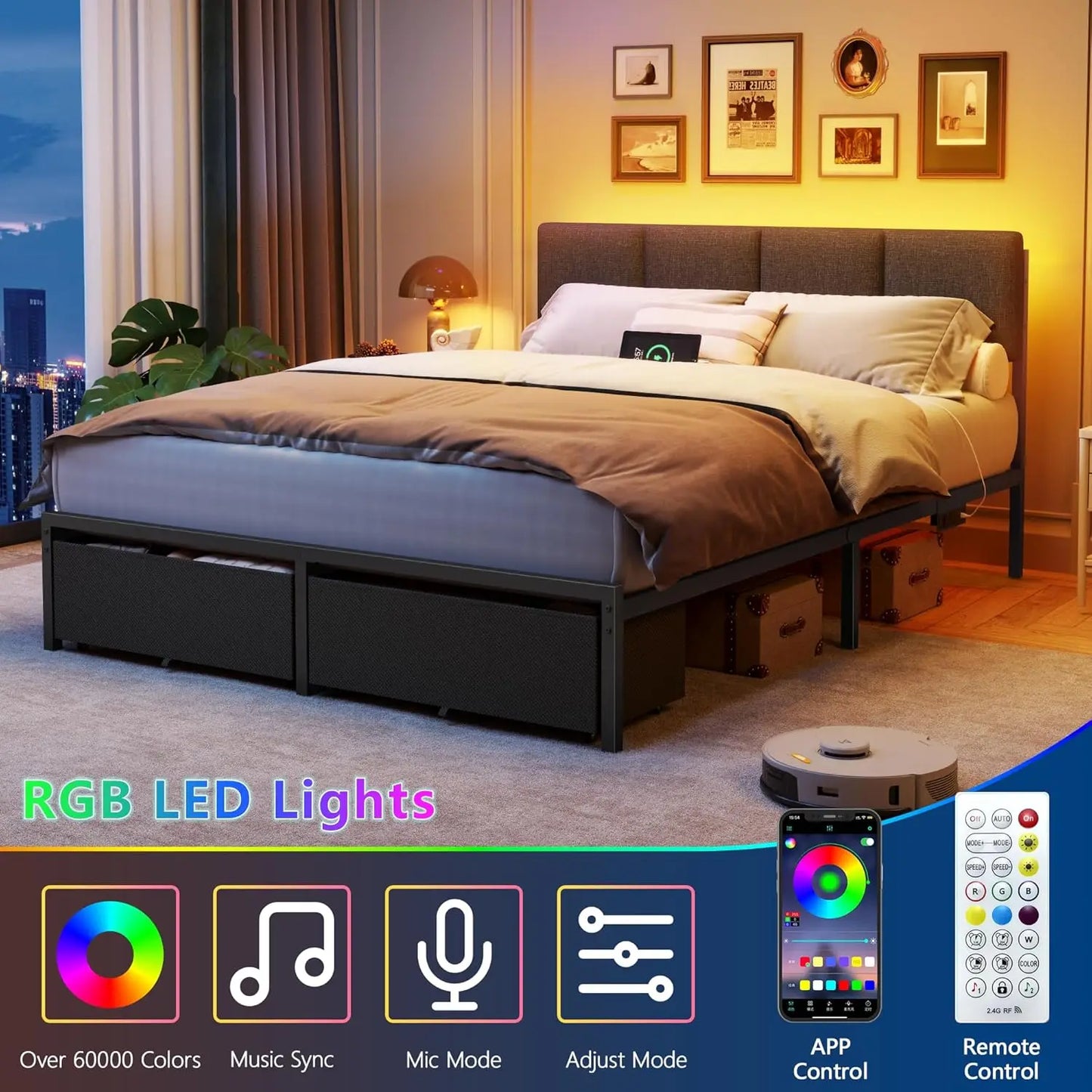 Queen Bed Frame With Adjustable Headboard And USB Storage Drawers