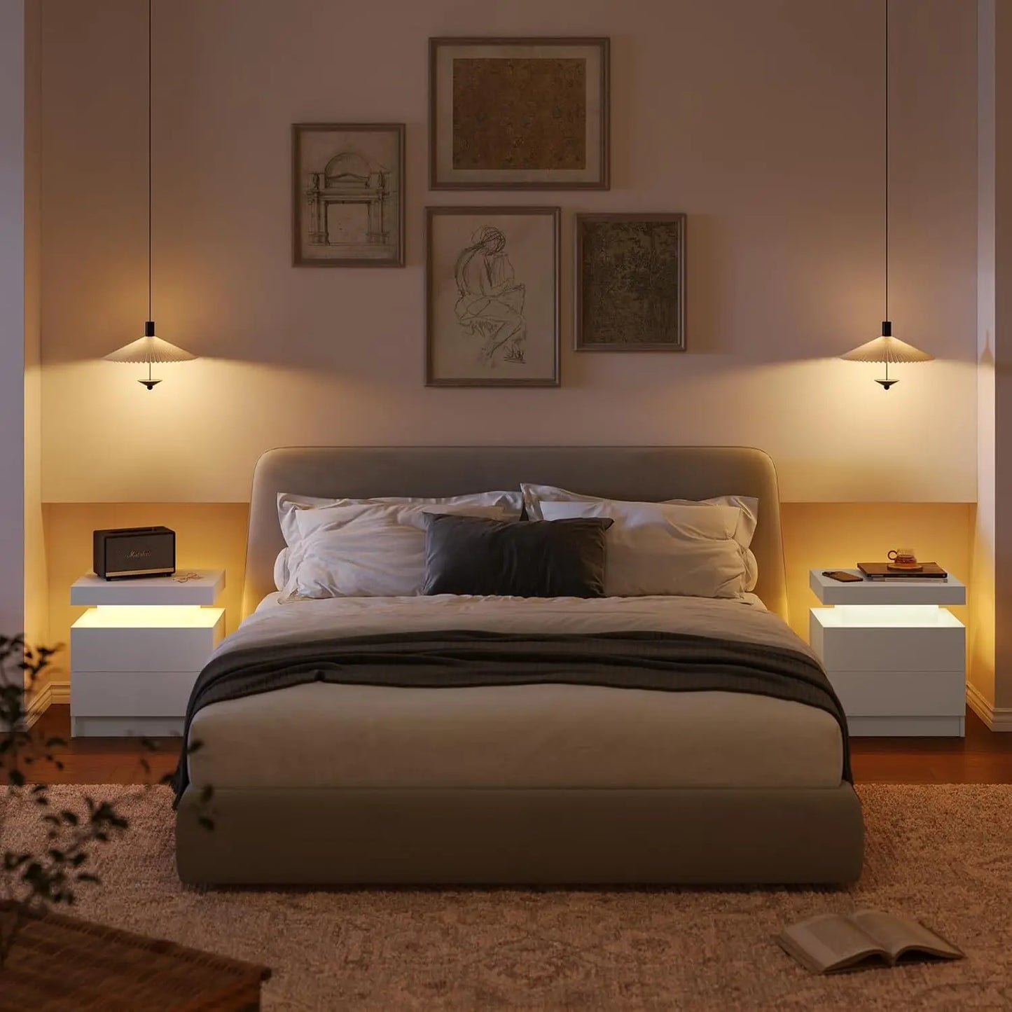 Modern White LED Nightstand With Two Wood Drawers Bedside Table
