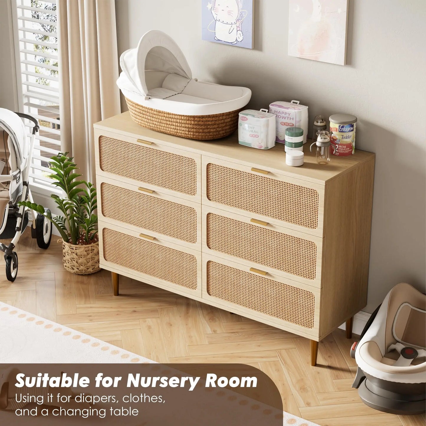 HiMISS 6 Drawer Rattan Dresser Handwoven Wood Storage Cabinet