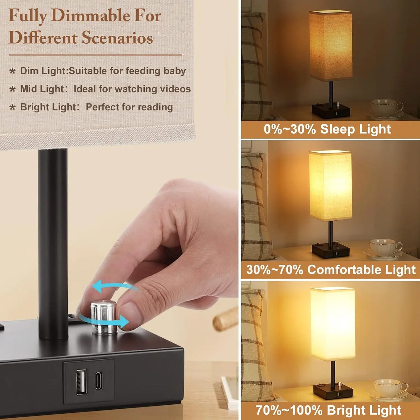 Fully Dimmable Nightstand Lamps Set Of 2 With USB C And USB A Ports
