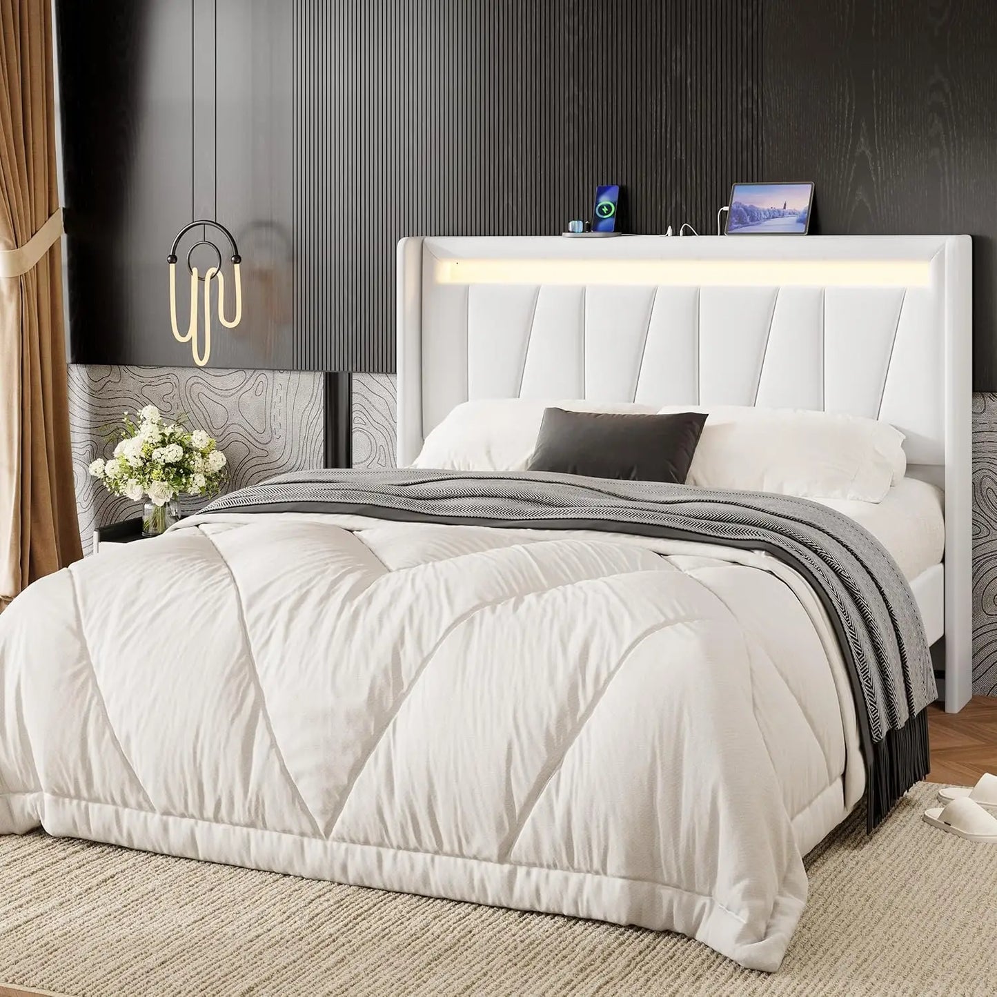 Velvet Bed Frame With Led Lighting And Charging Station