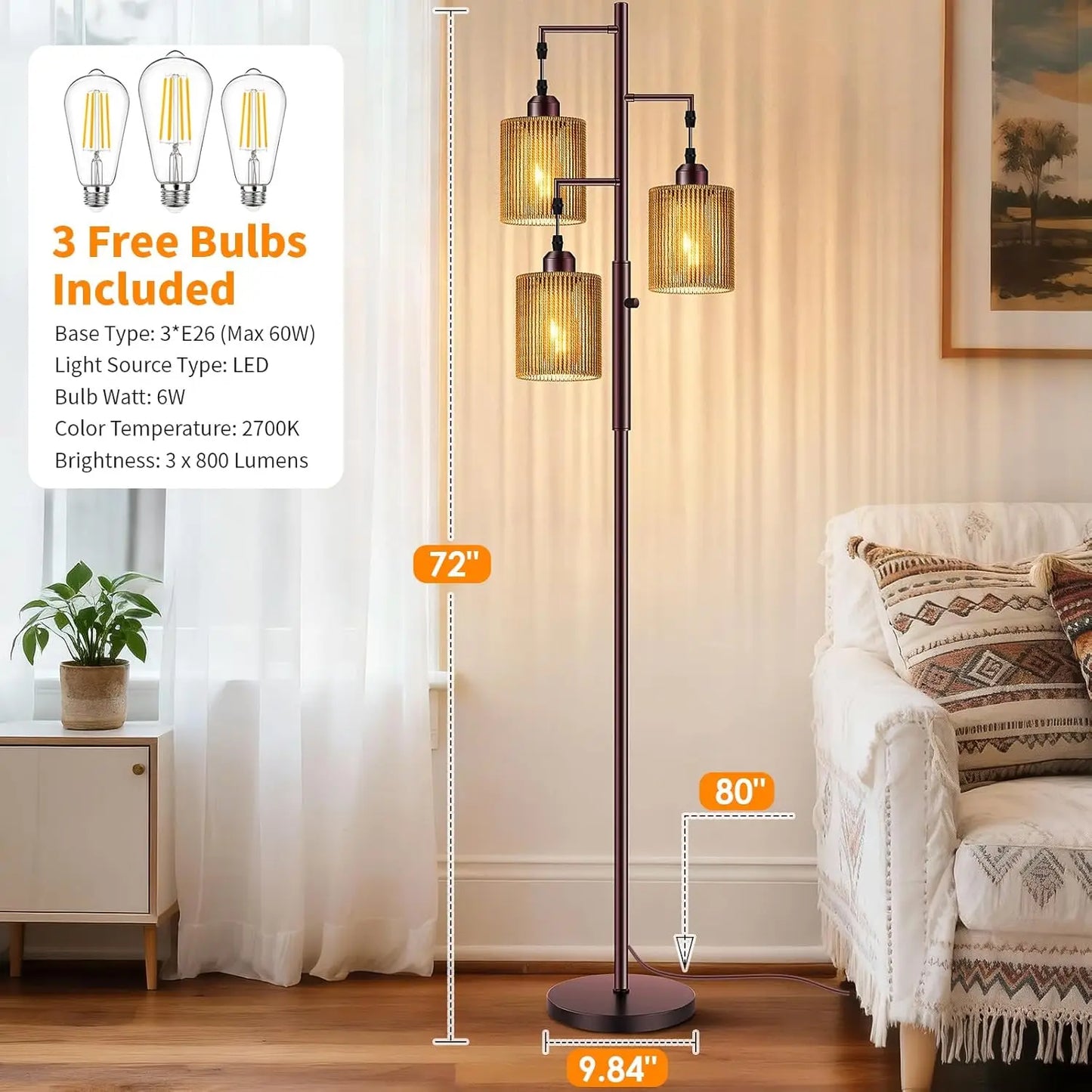 Rattan Boho Floor Lamp Dimmable Shades For Living Room