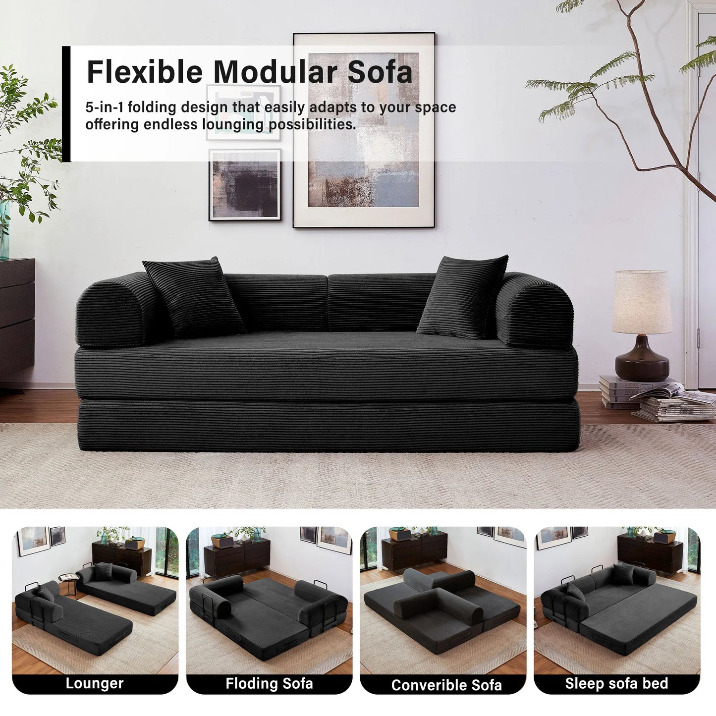 Foldable Convertible Futon Sofa Bed With L Shaped Armrests
