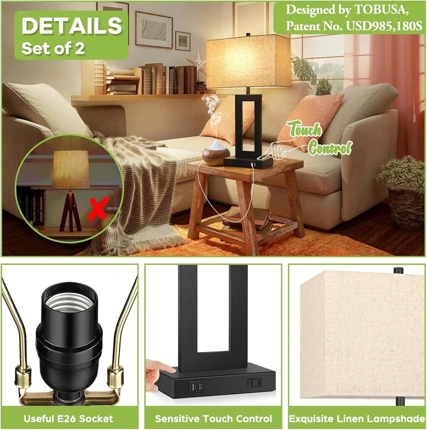 Two Pack Touch Lamps With USB Ports Dimmable Nightstand Lamp