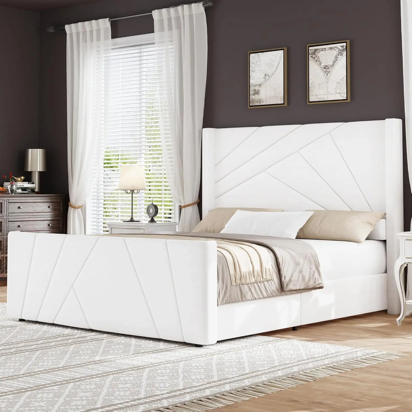 Velvet Upholstered Platform Bed With Geometric Tufted Headboard Wingback