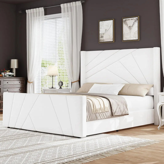 Velvet Upholstered Platform Bed With Geometric Tufted Headboard Wingback