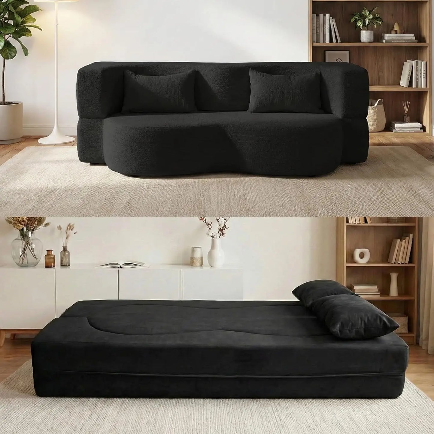 Convertible Sofa Bed 2-In-1 Teddy Fabric Loveseat