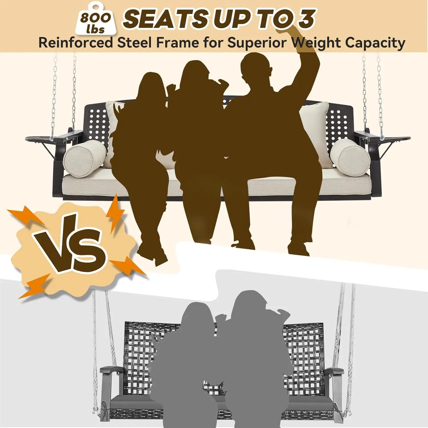 Three Seat Outdoor Porch Swing With Cup Holders And Cushions