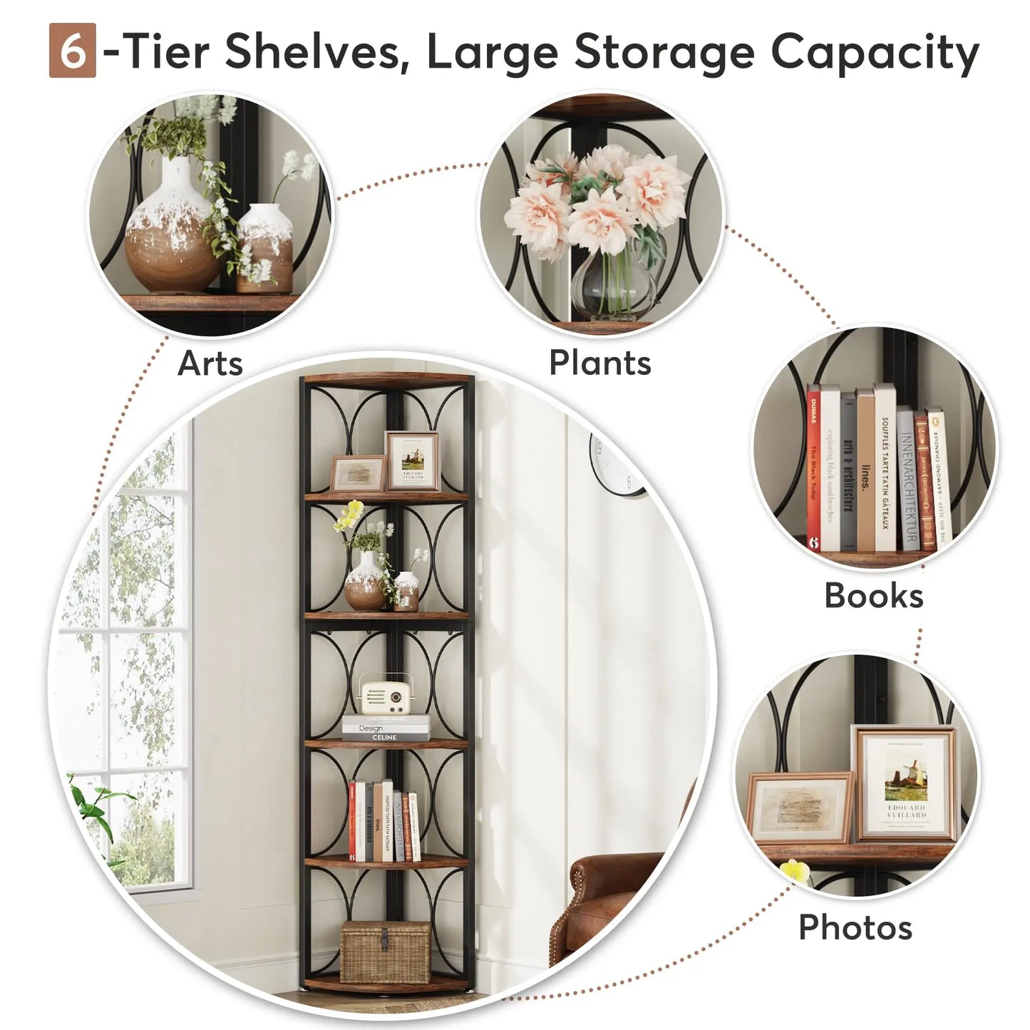 Tribesigns Six Shelf Corner Bookcase Rustic Storage