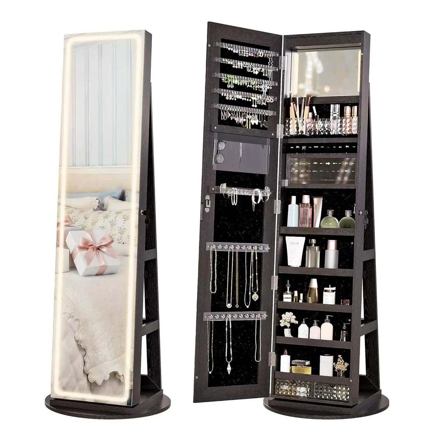 MOYU LED Mirror Jewelry Armoire Swivel Cabinet With Interior Lights