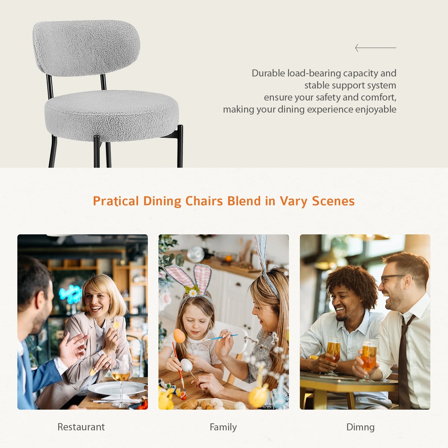 JHK Ergonomic Round Dining Chairs Set Of 2 Plush Fabric With Metal Legs