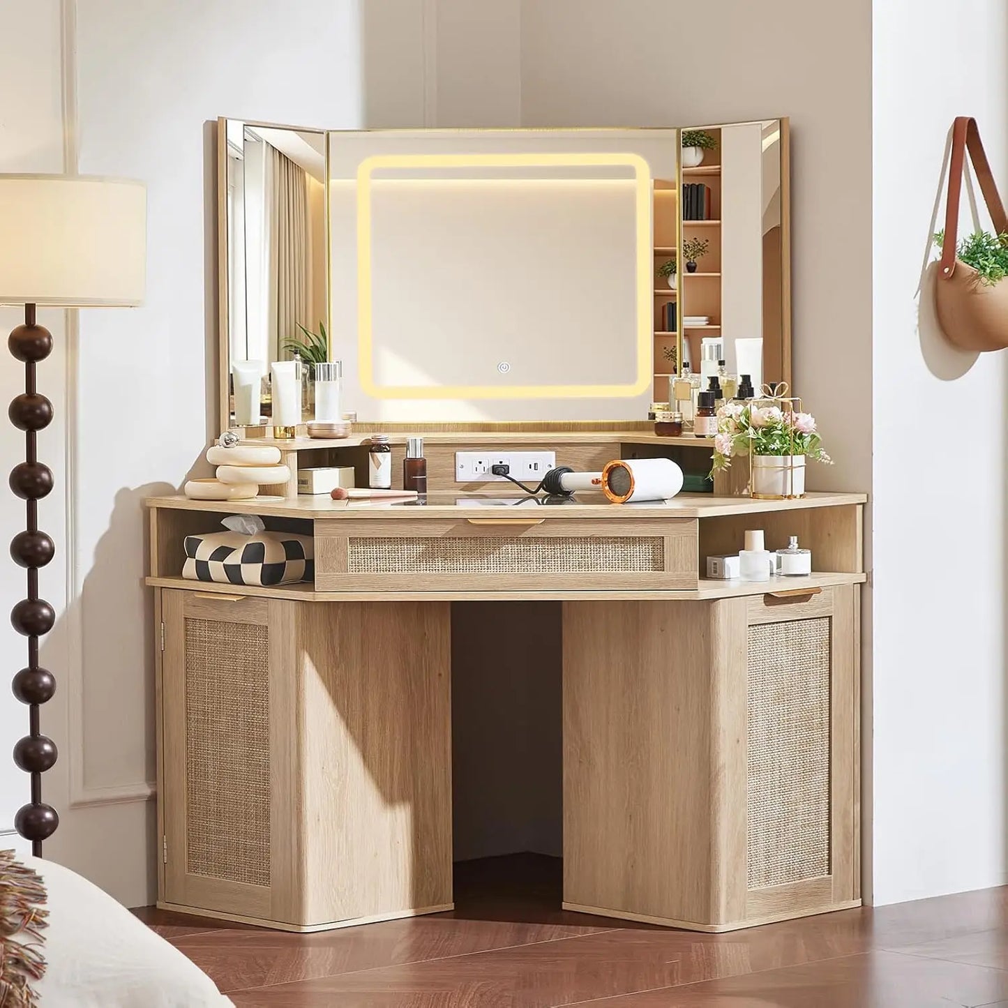 Boho Corner Vanity Desk With 3 Way Mirror Glass Lights