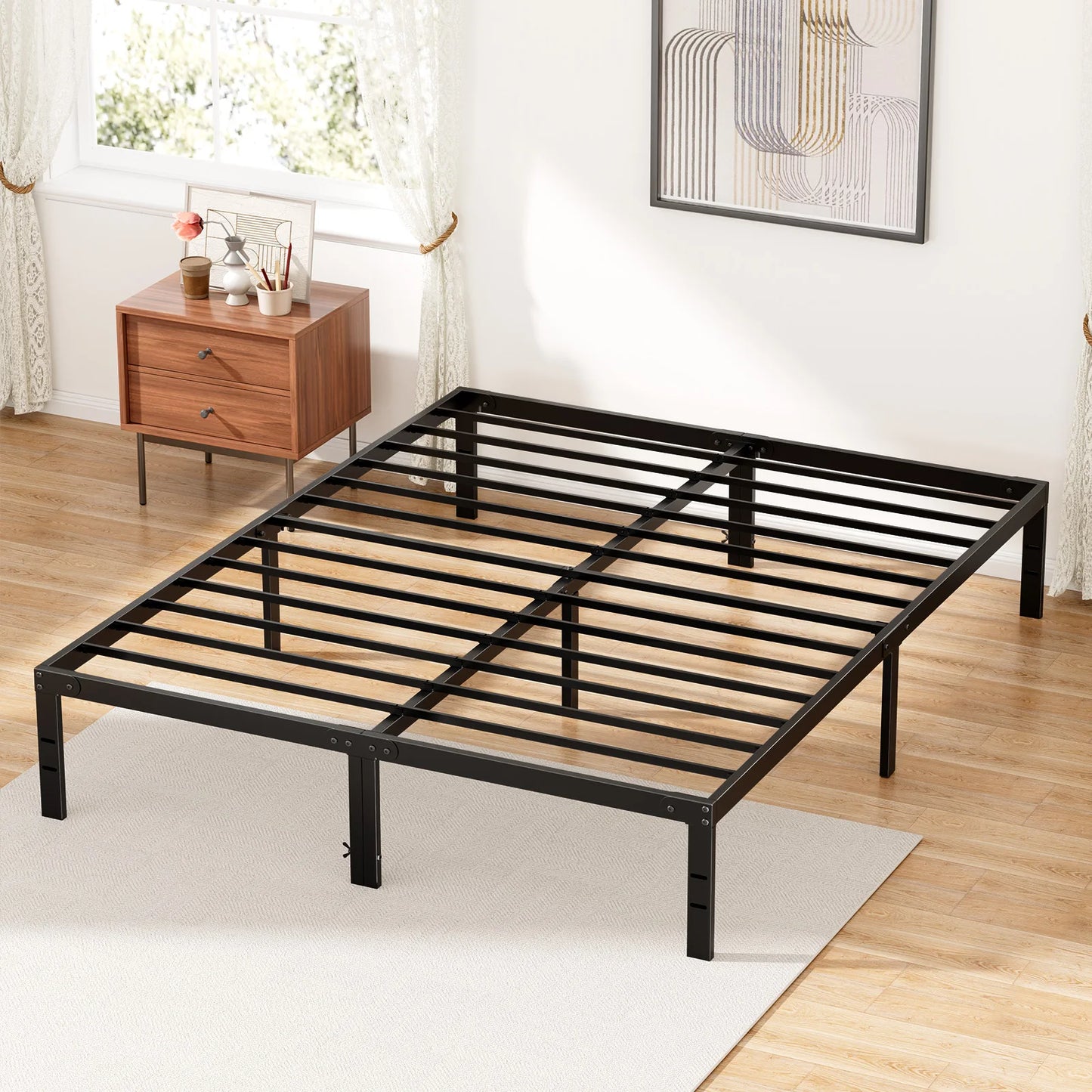 JHK Metal Platform Bed Frame with Storage and Slat Support