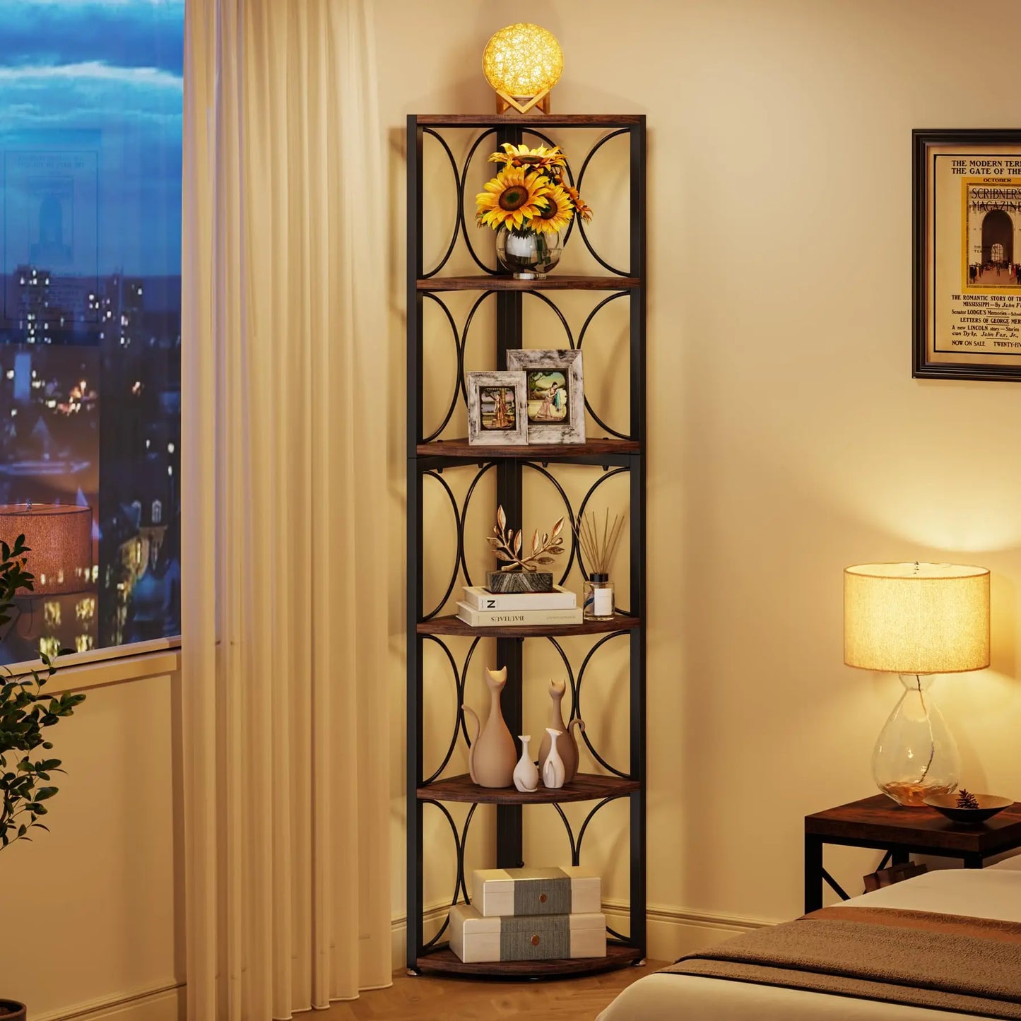 Tribesigns Six Shelf Corner Bookcase Rustic Storage
