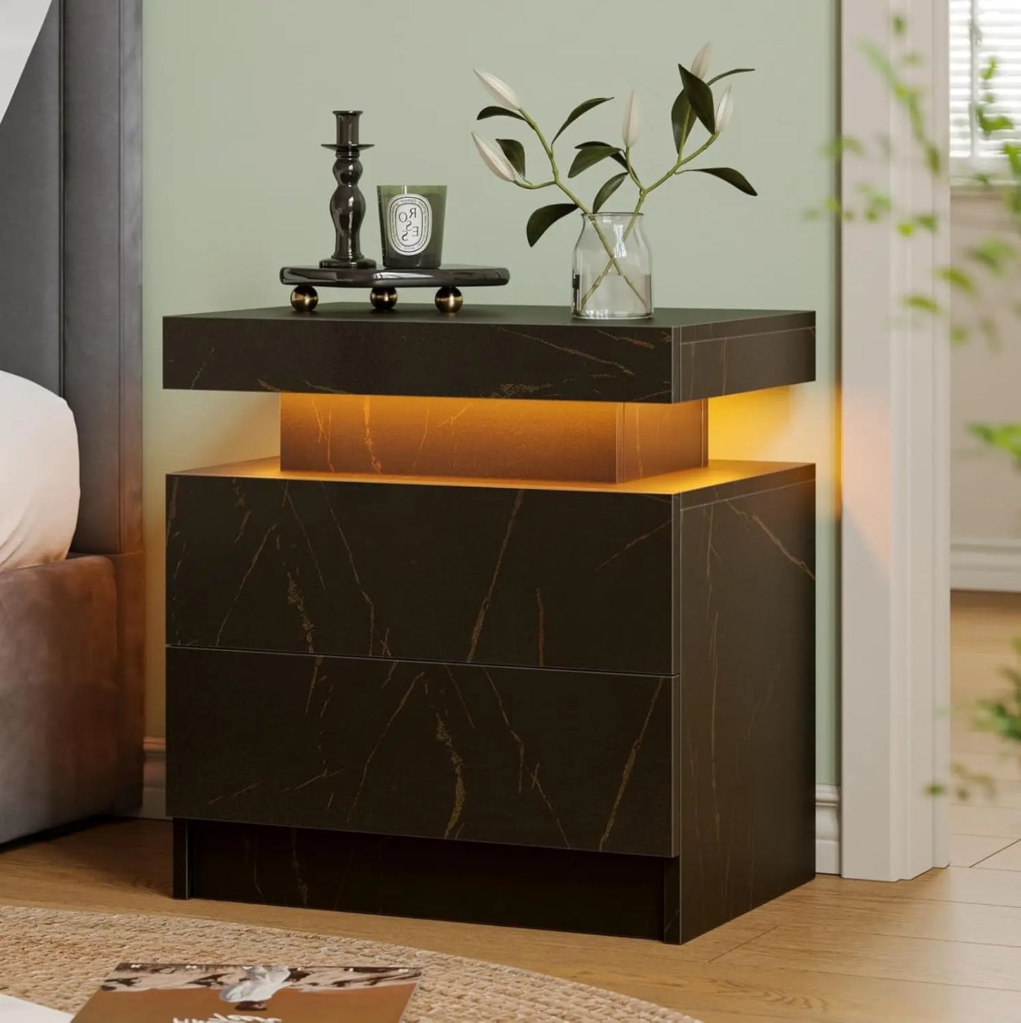 Modern White LED Nightstand With Two Wood Drawers Bedside Table