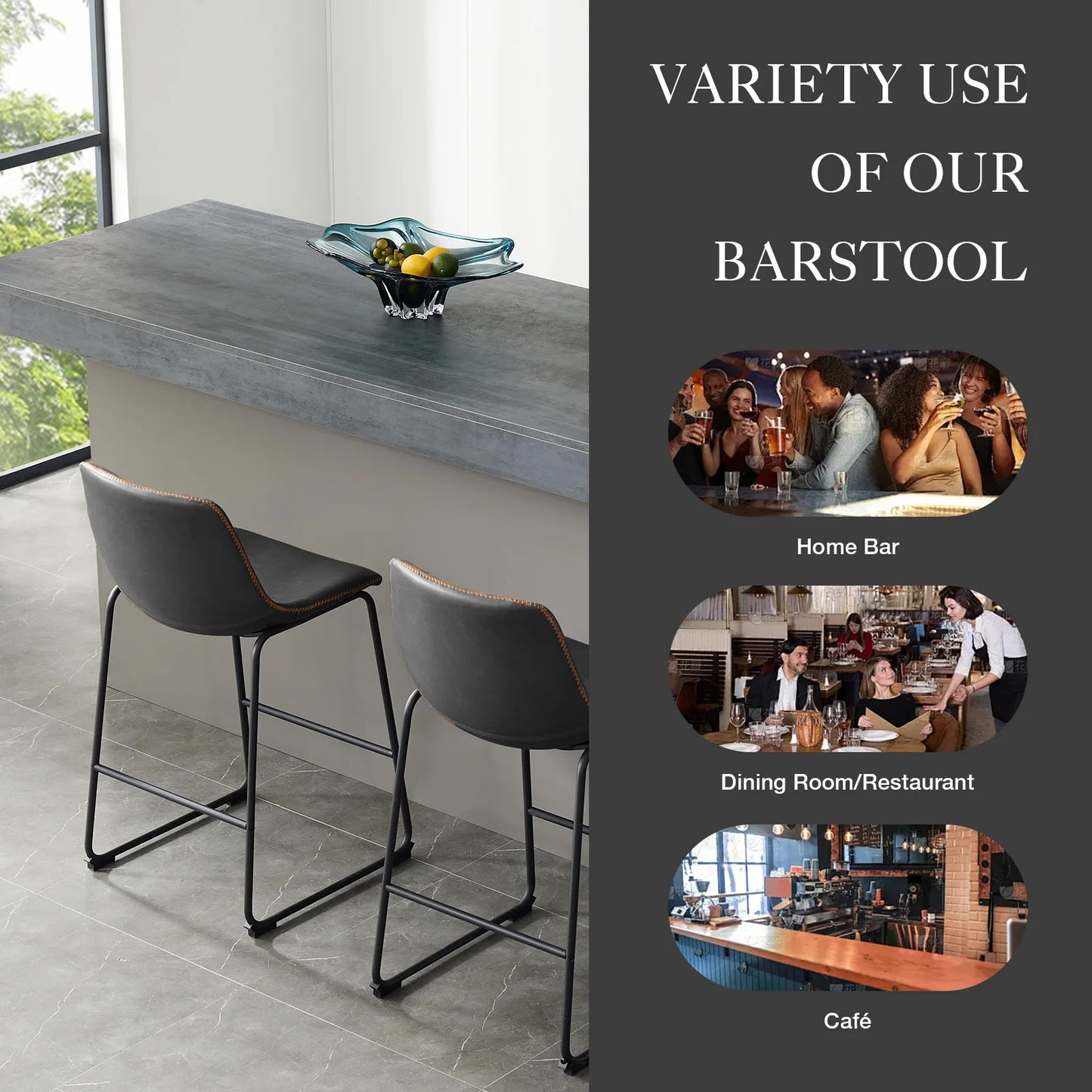 JHK Modern Faux Leather Counter Height Bar Stools Set of 2 High Barstools with Back and Metal Leg Bar Chairs for Kitchen Island