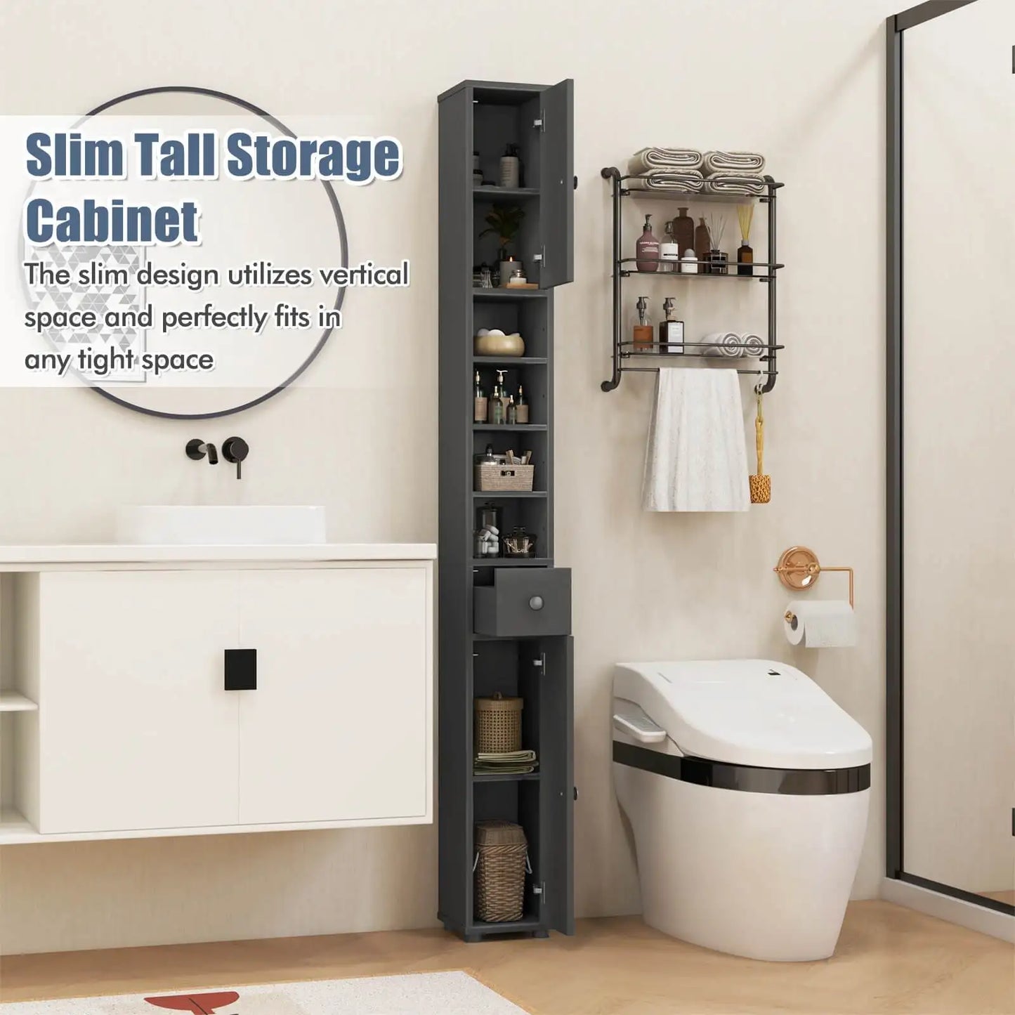 Slim Bathroom Tall Cabinet Freestanding Storage Organizer With 2 Doors