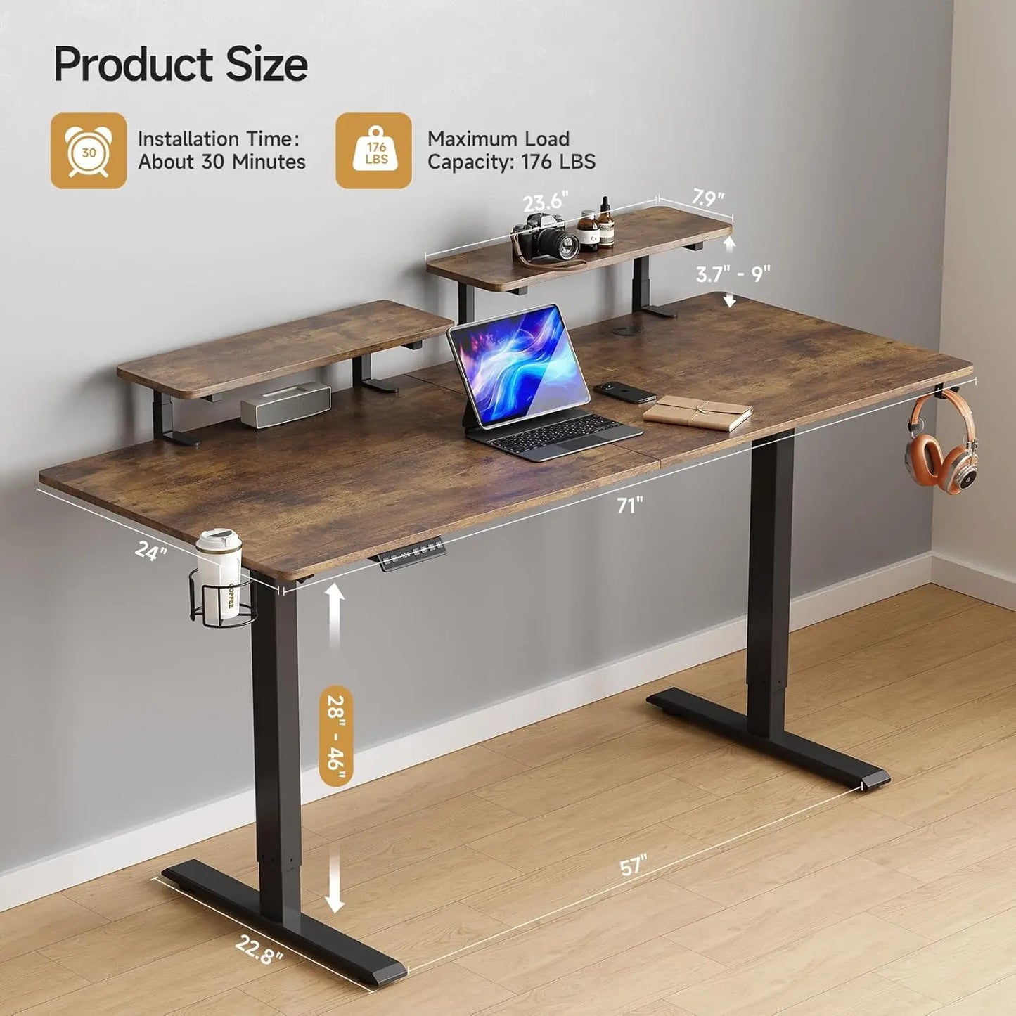 ONBRILL Standing Desk Electric Height Adjustable With Monitor Shelves