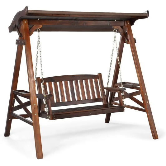 Rustic Wood Porch Swing Set With Stand And Cup Holder