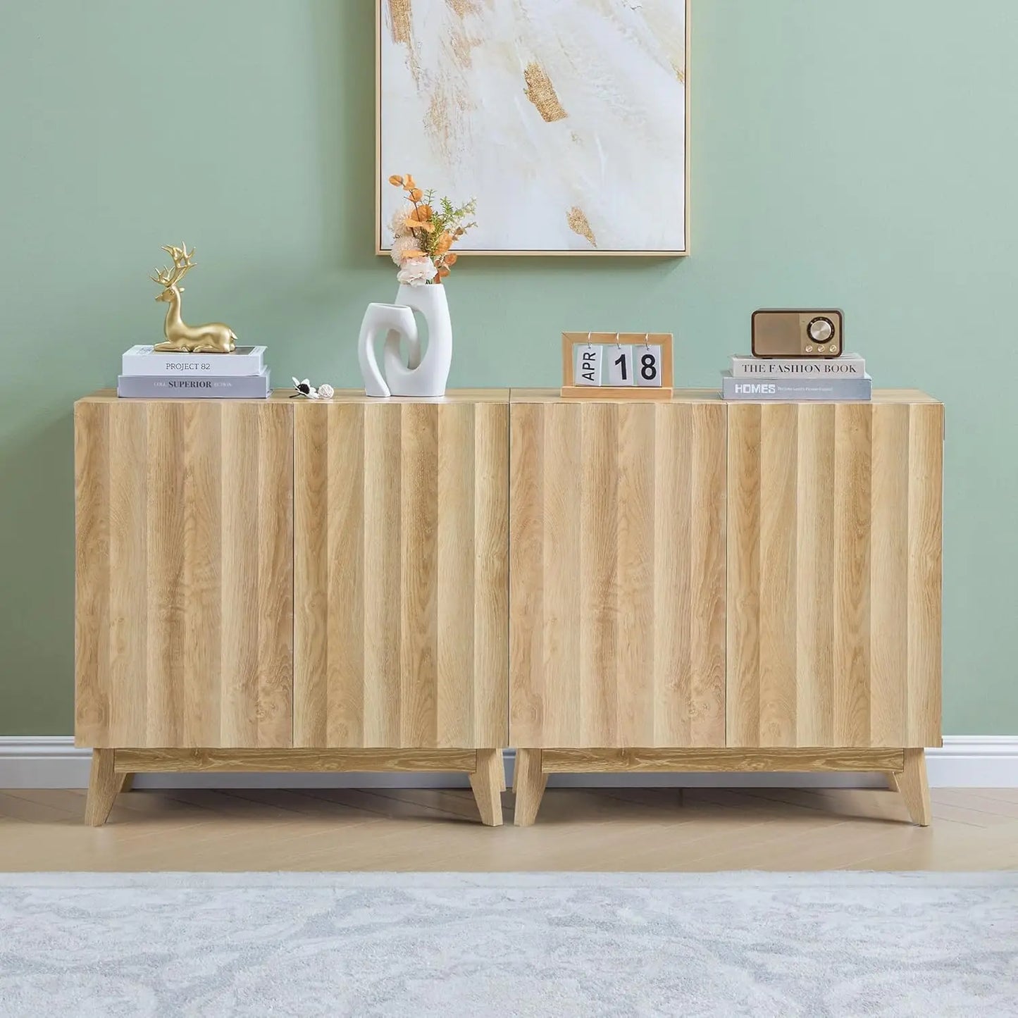 Fluted Mid Century Sideboard Buffet Cabinet With Adjustable Shelves