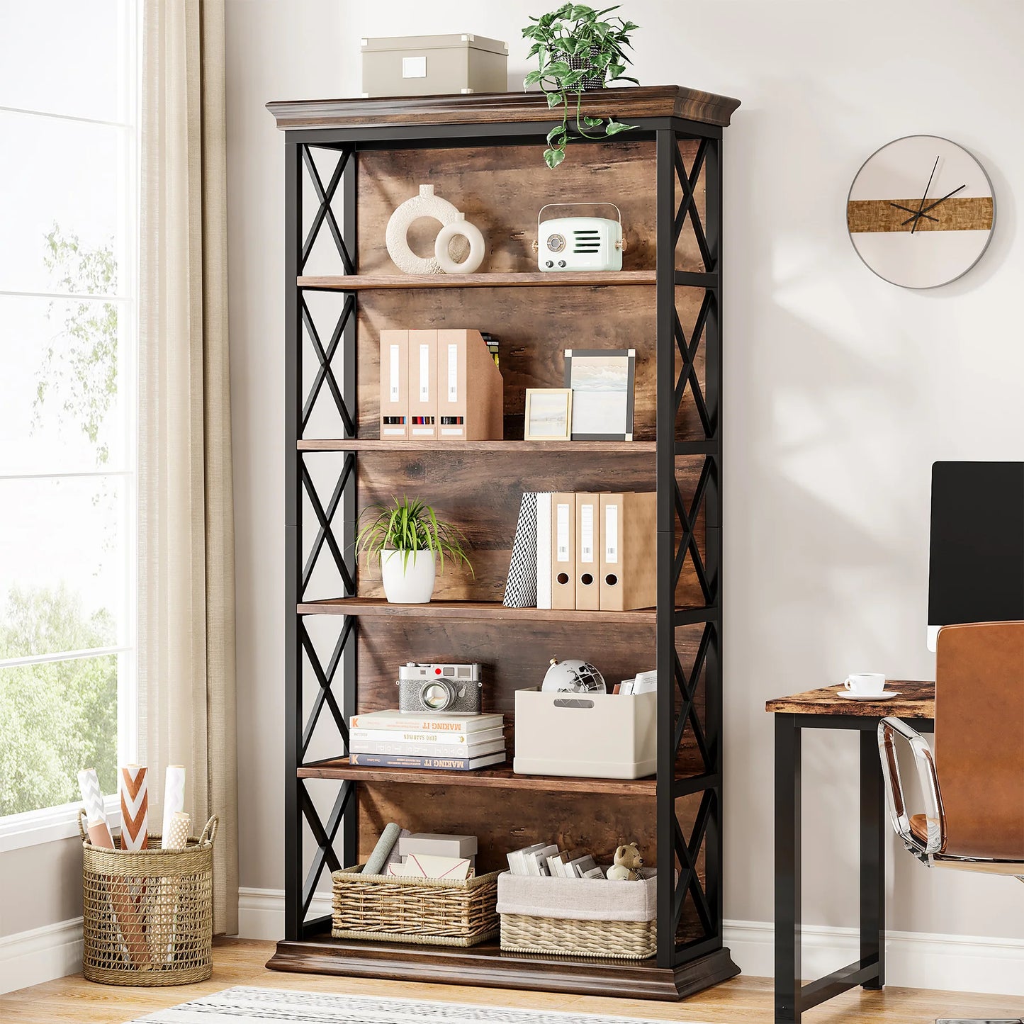 Tribesigns 5 Tier Floor Bookcase Industrial Wood Shelves