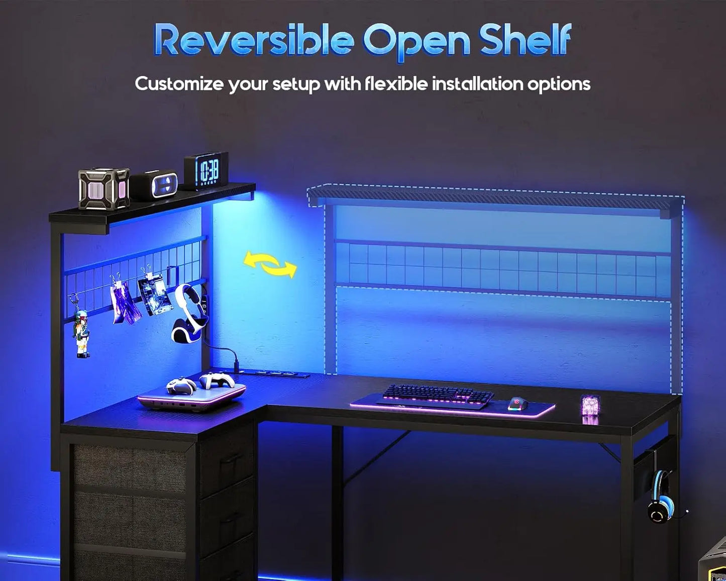 NONEDesk L Shaped Gaming Desk With Shelf Hutch 4 Drawers