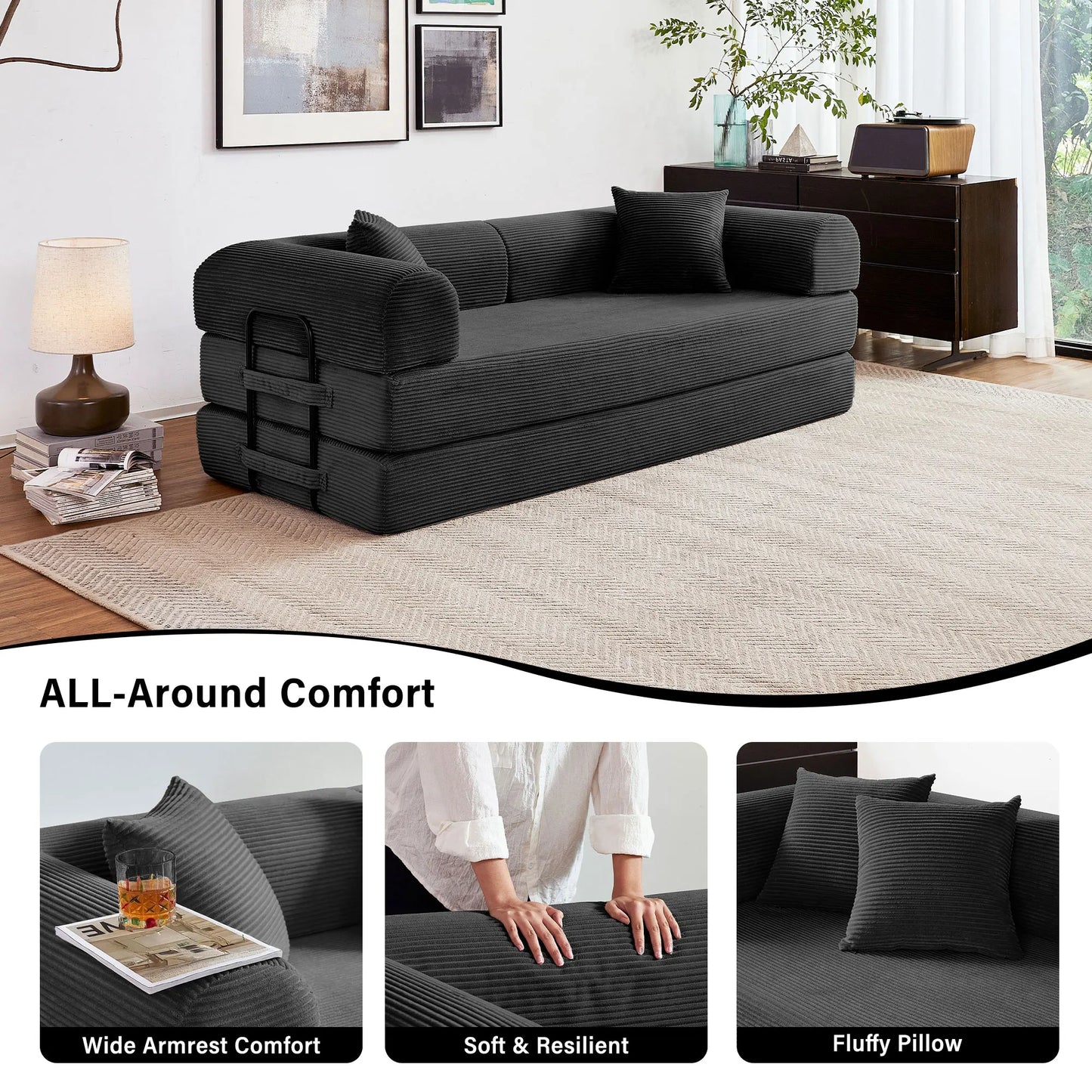 Foldable Convertible Futon Sofa Bed With L Shaped Armrests