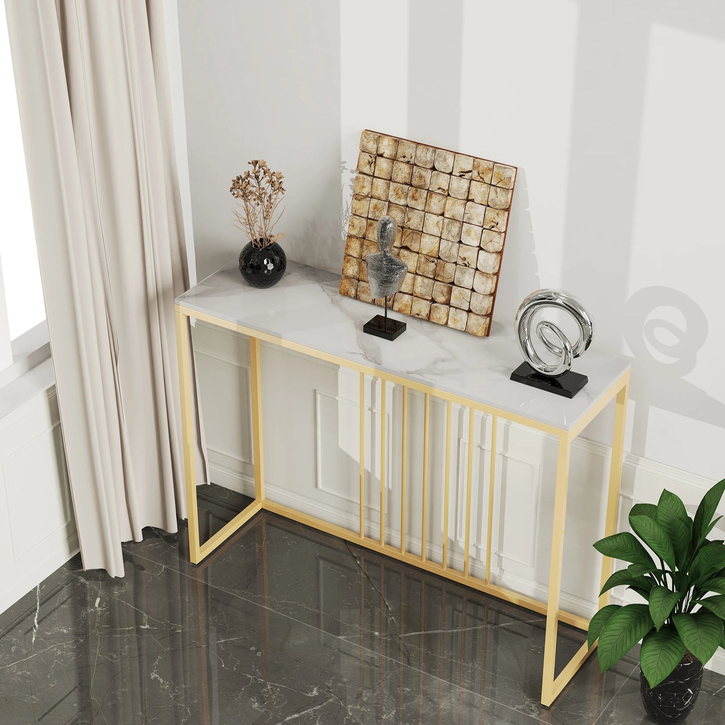 BINGOPAW Modern Marble Console Table With Gold Metal Frame