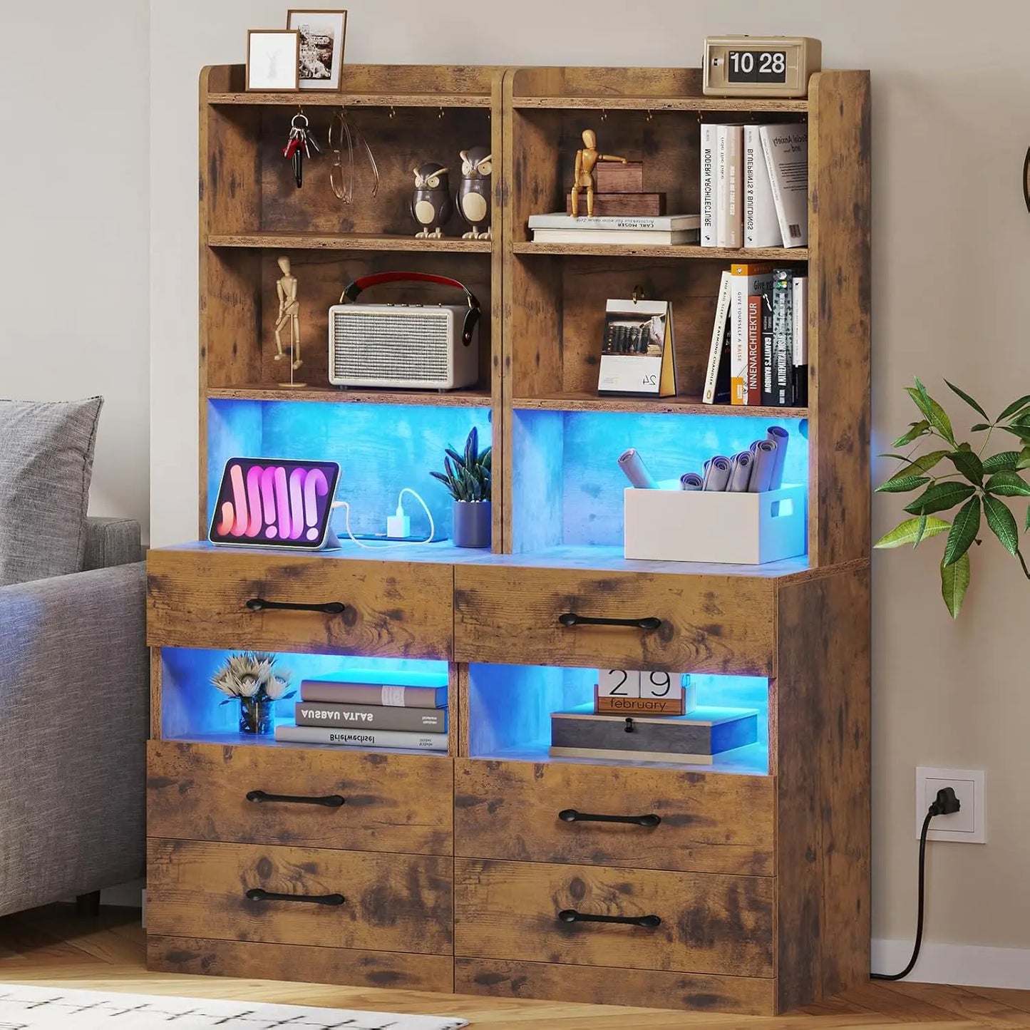 GUANGBAI Nightstand Set of 2 with Charging Station LED Lights