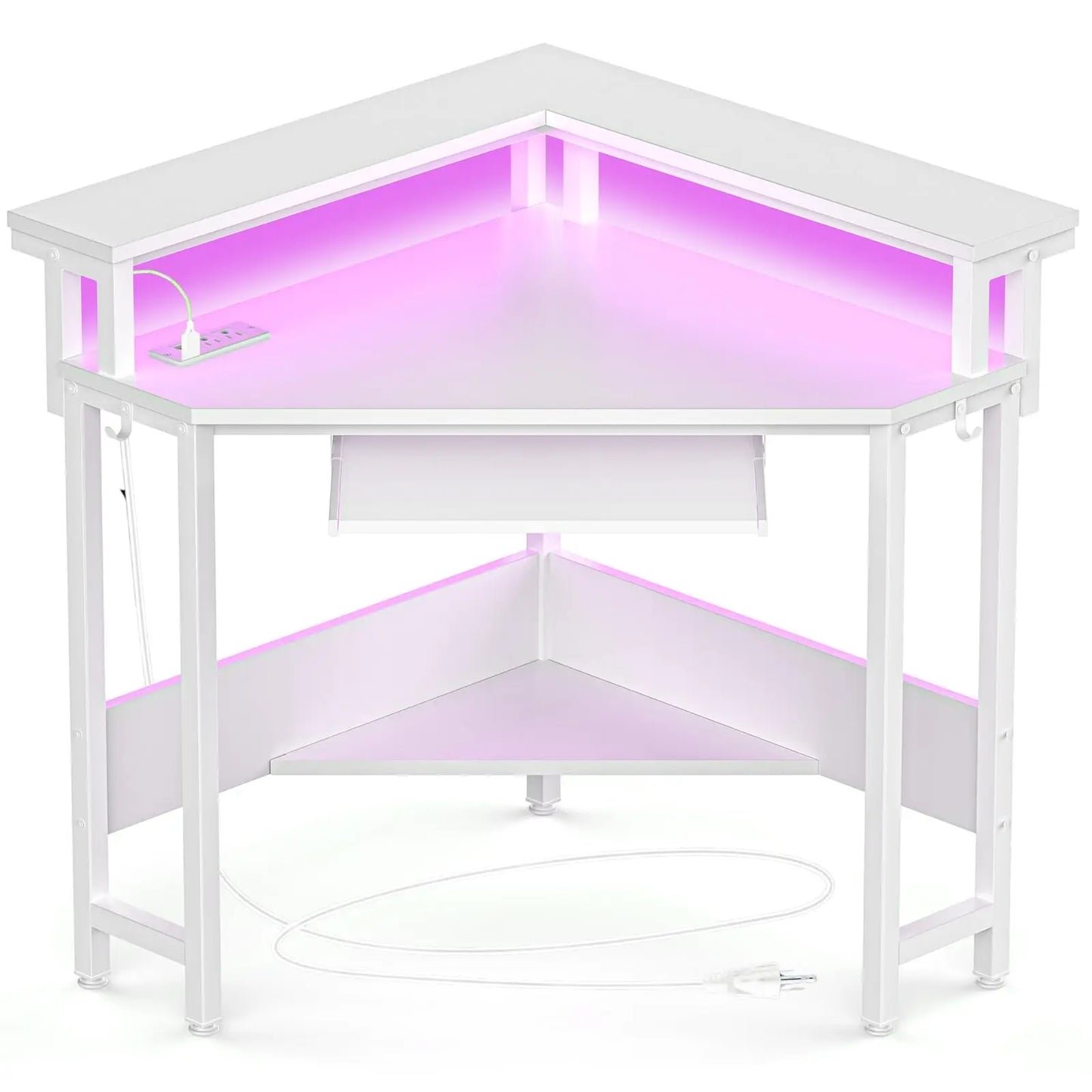 JHK Corner Desk With LED Lights Power Outlets Storage Shelves